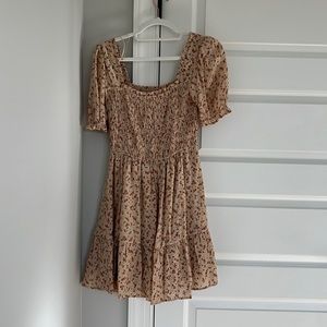 Beige Floral Smocked Mini Dress with Puff Sleeves